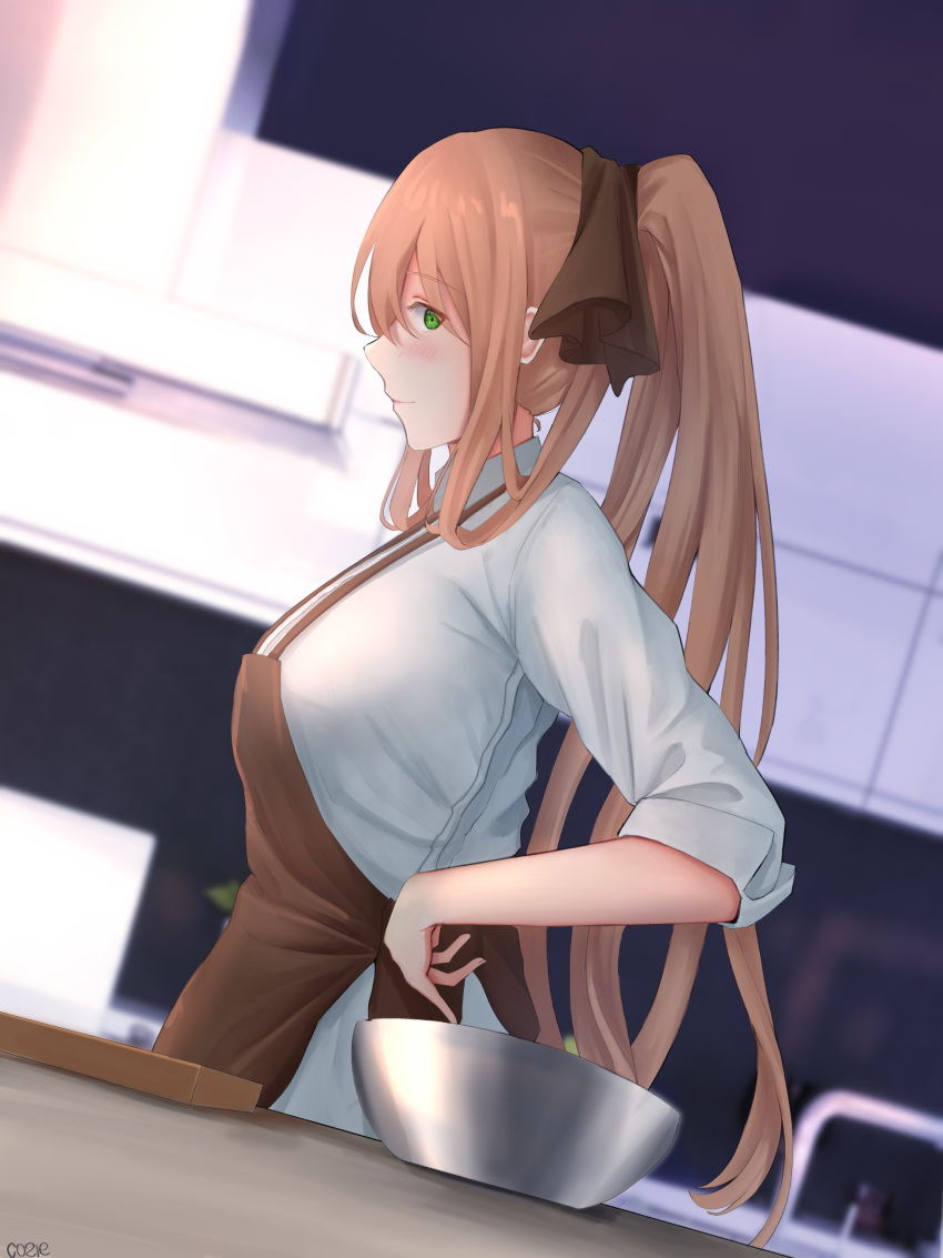 1girl absurdres apron artist_name bangs blush breasts brown_apron brown_ribbon closed_mouth cozie178 eyebrows_visible_through_hair girls'_frontline green_eyes hair_between_eyes hair_ribbon hand_on_hip highres kitchen kitchen_scale long_hair looking_to_the_side orange_hair ponytail ribbon shirt simple_background smile solo springfield_(girls'_frontline) upper_body weighing_scale white_shirt