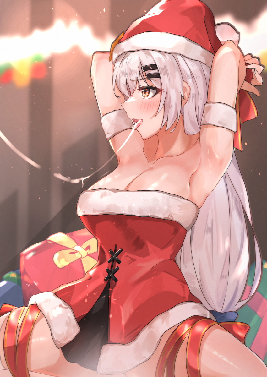 1girl absurdres armpits bangs bare_shoulders bdsm blush bondage bound bound_arms bound_wrists bow box breasts christmas christmas_lights cleavage collarbone dress eyebrows_visible_through_hair feet_out_of_frame gift gift_box girls'_frontline hair_between_eyes hair_bow hair_ornament hairclip hat highres long_hair looking_away medium_breasts merry_christmas muteppona_hito open_mouth orange_eyes red_dress red_headwear red_ribbon ribbon saliva saliva_trail santa_costume santa_dress santa_hat silver_hair simple_background sitting solo spread_legs svd_(girls'_frontline) tongue tongue_out