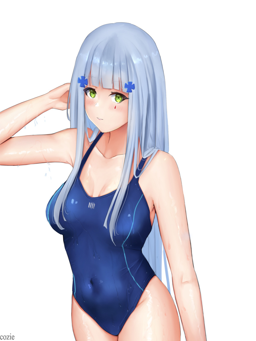 1girl absurdres arm_behind_head artist_name bangs bare_shoulders blue_swimsuit blush breasts cleavage closed_mouth collarbone competition_swimsuit covered_navel cozie178 eyebrows_visible_through_hair feet_out_of_frame girls'_frontline green_eyes hair_ornament hairclip highres hk416_(girls'_frontline) light_blue_hair long_hair looking_at_viewer medium_breasts one-piece_swimsuit solo standing swimsuit teardrop_facial_mark teardrop_tattoo wet wet_clothes wet_swimsuit white_background