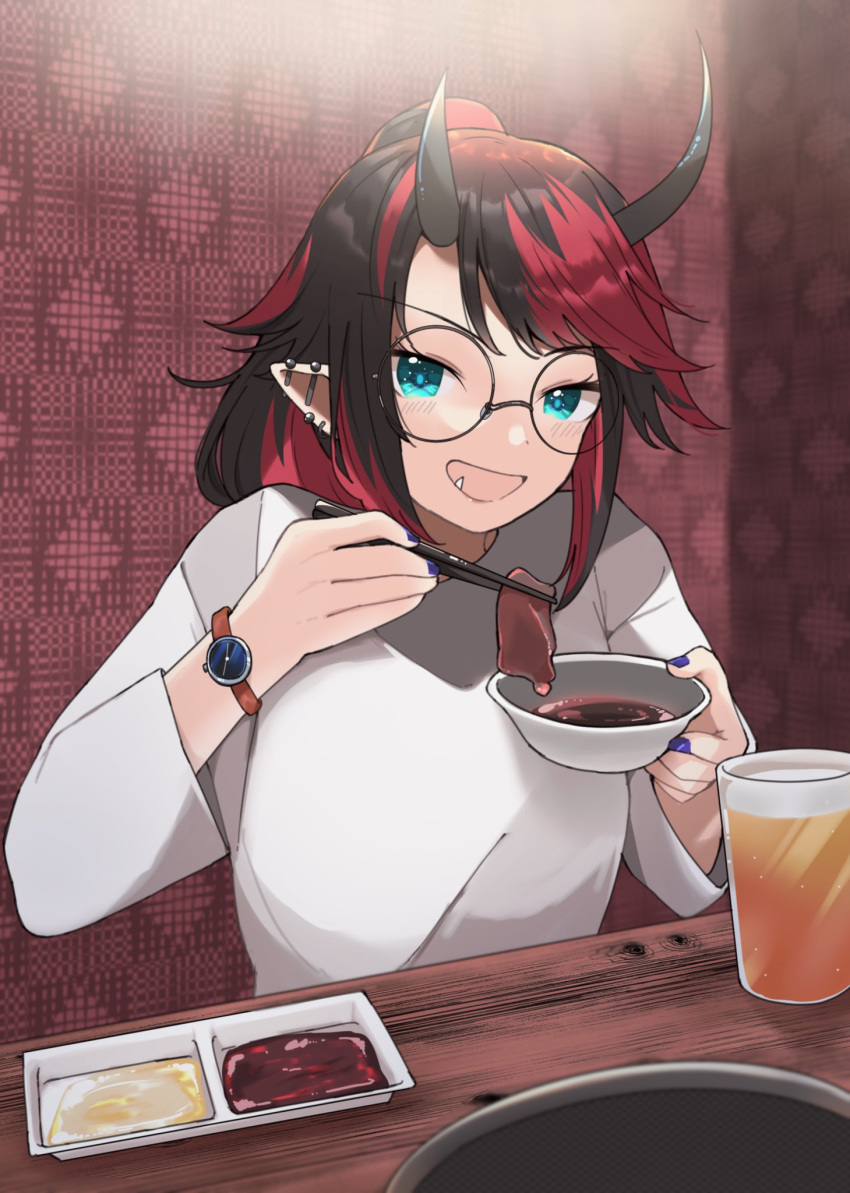 1girl alcohol alternate_costume alternate_hairstyle bangs beer black-framed_eyewear black_hair blue_eyes blush bowl breasts chopsticks commentary_request demon_girl demon_horns dipping ear_piercing eating food glass glasses high_ponytail highres holding holding_bowl holding_chopsticks horns large_breasts long_hair long_sleeves looking_at_viewer meat multicolored_hair nail_polish open_mouth piercing pointy_ears ponytail purple_nails red_hair round_eyewear ryugasaki_rene shirt smile solo sugar_lyric table two-tone_hair upper_body virtual_youtuber watch white_shirt wristwatch zono_(inokura_syuzo029)