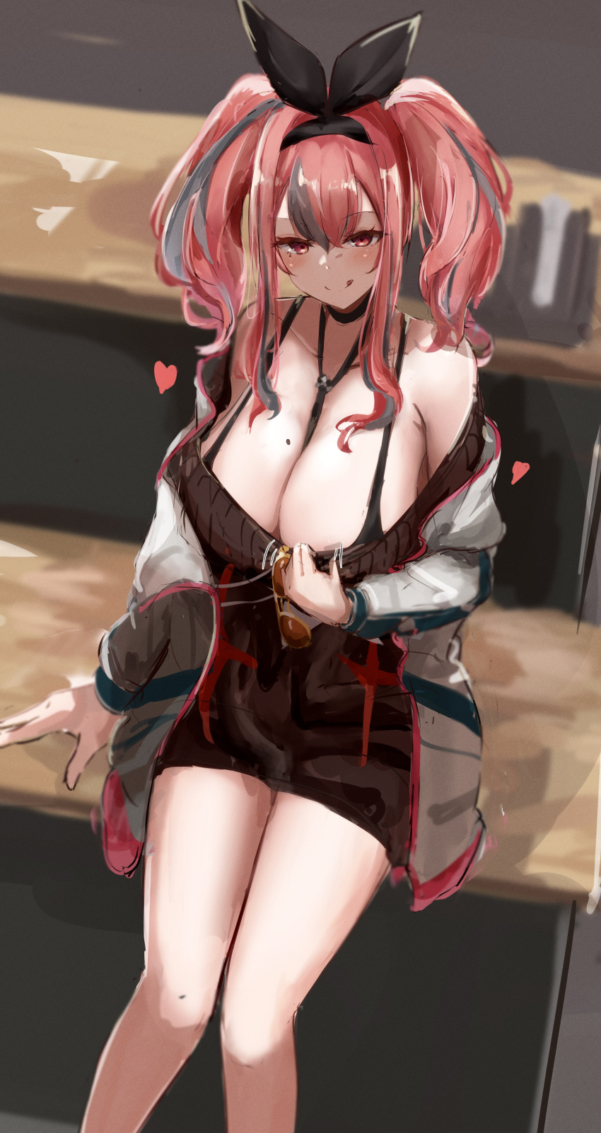 1girl absurdres azur_lane bangs bare_shoulders between_breasts black_bra black_choker black_necktie black_ribbon black_sweater blush bra breasts bremerton_(azur_lane) choker closed_mouth clothes_pull commentary_request eyebrows_visible_through_hair grey_hair hair_ribbon heart highres huge_breasts jacket long_hair long_sleeves looking_at_viewer mole mole_on_breast motion_lines multicolored_hair necktie necktie_between_breasts off_shoulder open_clothes open_jacket plain_64 pulled_by_self red_eyes red_hair ribbon sitting solo streaked_hair sweater sweater_pull tongue tongue_out twintails two-tone_hair underwear white_jacket