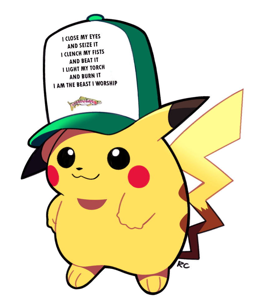 :3 artsy-rc baseball_cap death_grips full_body hat highres looking_at_viewer meme no_humans pikachu pokemon pokemon_(creature) simple_background smile solo white_background women_want_me_fish_fear_me