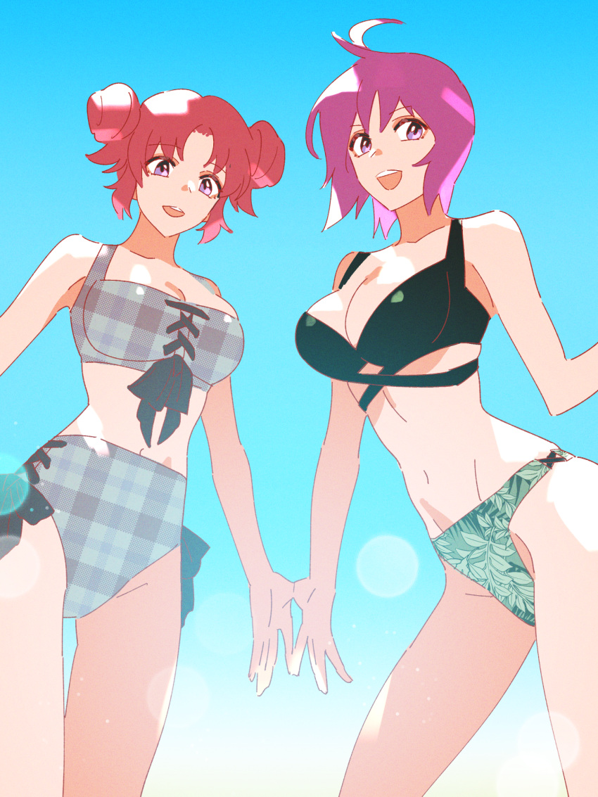 2girls ahoge alternate_costume alternate_hairstyle bikini black_bikini blue_bikini breasts checkered_bikini checkered_clothes cleavage double_bun gundam gundam_seed gundam_seed_destiny highres lunamaria_hawke meyrin_hawke midriff mismatched_bikini multi-strapped_bikini multiple_girls navel nito_minatsuki purple_eyes purple_hair red_hair short_hair siblings sisters smile swimsuit