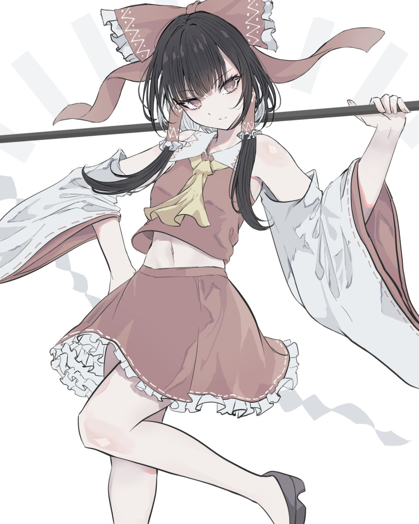 1girl arm_up ascot bangs bare_shoulders black_hair bow breasts brown_eyes brown_footwear closed_mouth collar collared_shirt detached_sleeves eyebrows_visible_through_hair frills gohei hair_between_eyes hair_ornament hair_tubes hakurei_reimu hand_on_hip hand_up hegata_(hegatia_lapis) highres leg_up long_sleeves looking_at_viewer medium_breasts navel red_bow red_shirt red_skirt shirt shoes short_hair simple_background skirt solo standing standing_on_one_leg touhou white_background wide_sleeves yellow_ascot