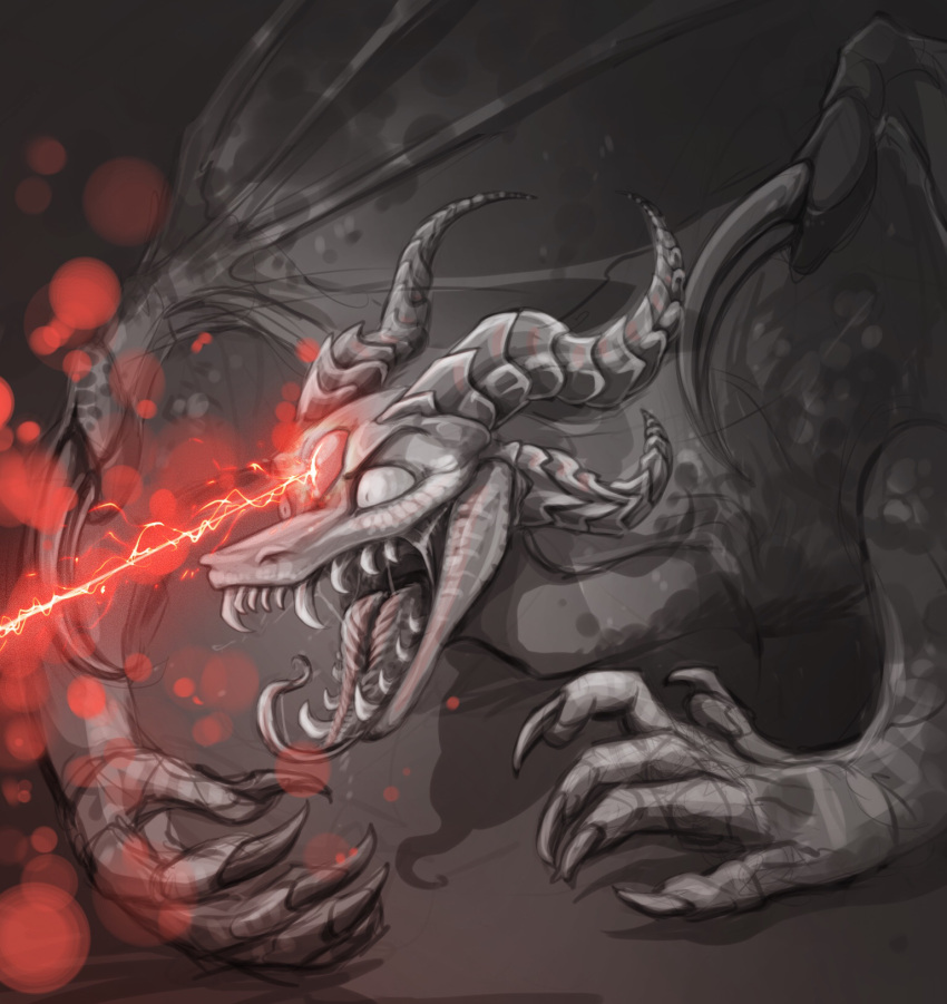 2021 angry claws digital_media_(artwork) dragon feral helaviskrew hi_res horn laser male multi_eye open_mouth red_eyes red_light saren_(saren662) scalie sketch solo teeth tongue tongue_out white_body wings