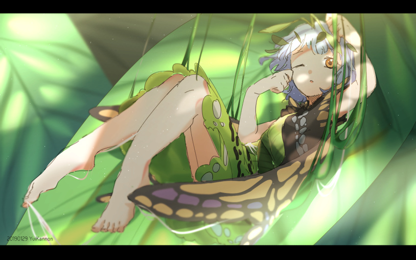 1girl antennae aqua_hair artist_name barefoot butterfly_wings dated dress eternity_larva eyebrows_visible_through_hair fairy green_dress leaf leaf_on_head letterboxed multicolored_clothes multicolored_dress one_eye_closed open_mouth orange_eyes parted_lips short_hair single_strap solo touhou wings yuikannon