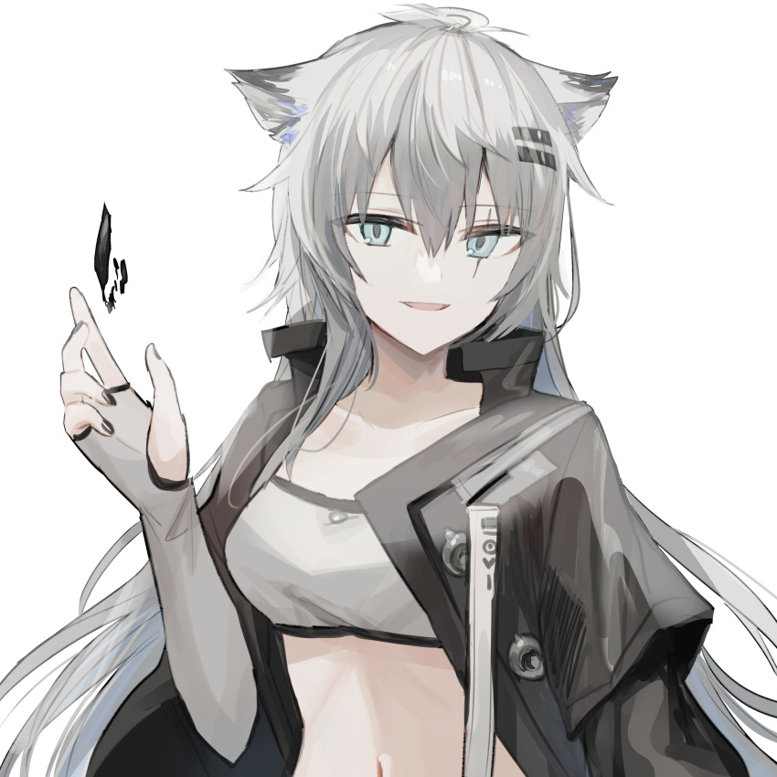 1girl absurdres animal_ears arknights bangs black_jacket blue_eyes breasts chihuri collarbone elbow_gloves eyebrows_visible_through_hair fingerless_gloves gloves grey_gloves grey_hair hair_between_eyes hair_ornament hairclip hand_up highres jacket lappland_(arknights) long_hair medium_breasts navel open_clothes open_jacket scar scar_across_eye simple_background solo strapless upper_body very_long_hair white_background