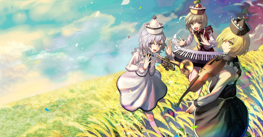 3girls :d bangs banned_artist black_headwear blonde_hair blue_eyes blush brown_eyes brown_hair buttons center_frills closed_mouth commentary_request crescent dress eyebrows_visible_through_hair floating floating_object frills grass hair_between_eyes harano hat instrument light_blue_hair light_smile long_sleeves looking_at_another looking_at_viewer lunasa_prismriver lyrica_prismriver merlin_prismriver multiple_girls open_mouth petals piano purple_eyes red_headwear shirt short_hair siblings sideways_glance silver_hair sisters smile standing star_(symbol) sun_symbol touhou trumpet violin white_dress white_hair white_headwear white_legwear white_shirt white_sleeves wrist_cuffs yellow_eyes