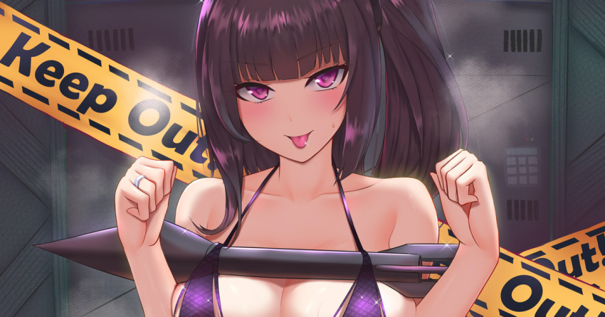 1girl architect_(girls'_frontline) arms_up bangs bare_shoulders bikini bikini_top black_hair blush breasts caution_tape cleavage closed_mouth collarbone eyebrows_visible_through_hair girls'_frontline jewelry keep_out long_hair looking_at_viewer medium_breasts popoman purple_bikini purple_eyes ring rocket sangvis_ferri smile solo sweatdrop swimsuit tongue tongue_out upper_body