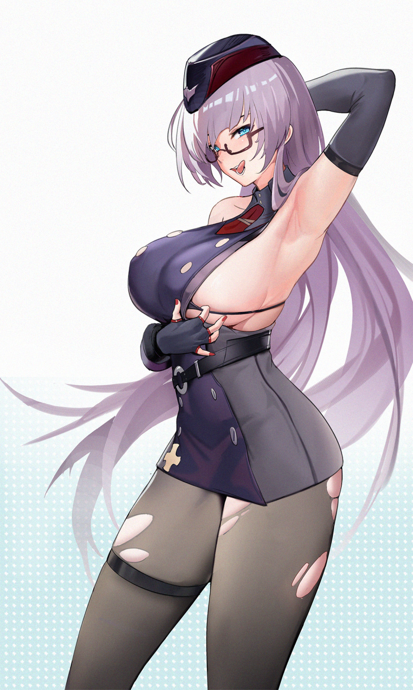 1girl armpits azur_lane black_gloves black_legwear blue_eyes blush chaji_h cowboy_shot dress fingerless_gloves glasses gloves gneisenau_(azur_lane) gneisenau_(meta)_(azur_lane) highres licking_lips long_hair microdress pantyhose presenting_armpit purple_hair semi-rimless_eyewear simple_background sleeveless sleeveless_dress solo thigh_strap tongue tongue_out torn_clothes torn_legwear very_long_hair white_background