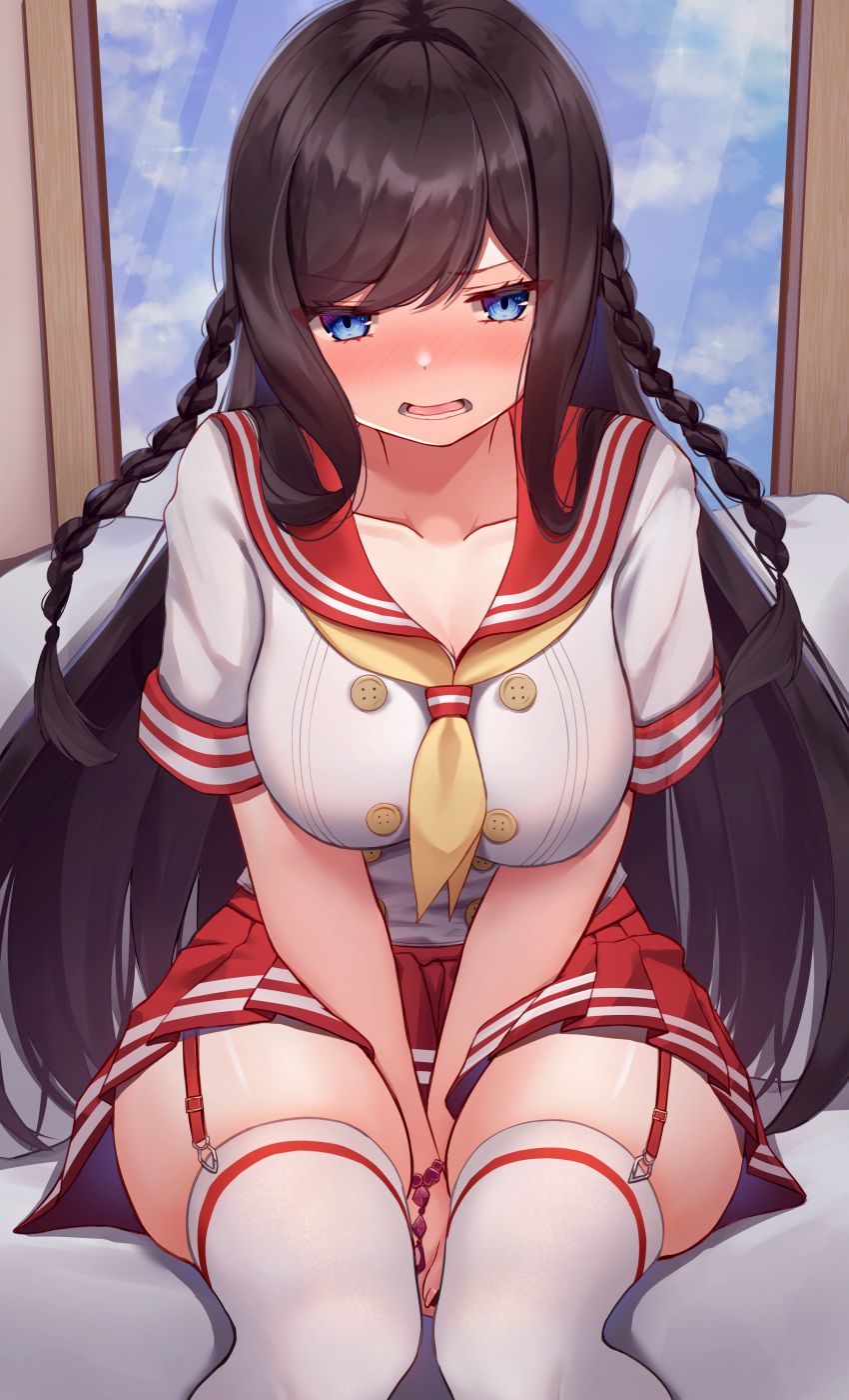 1girl absurdres bangs bed_sheet between_legs bitseon black_hair blue_eyes blush braid breasts commentary_request embarrassed eyebrows_visible_through_hair garter_straps hand_between_legs highres long_hair nail_polish neckerchief open_mouth original pleated_skirt red_skirt sailor_collar school_uniform serafuku shirt short_sleeves sitting skirt thighhighs twin_braids upper_body white_legwear white_shirt window yellow_neckerchief