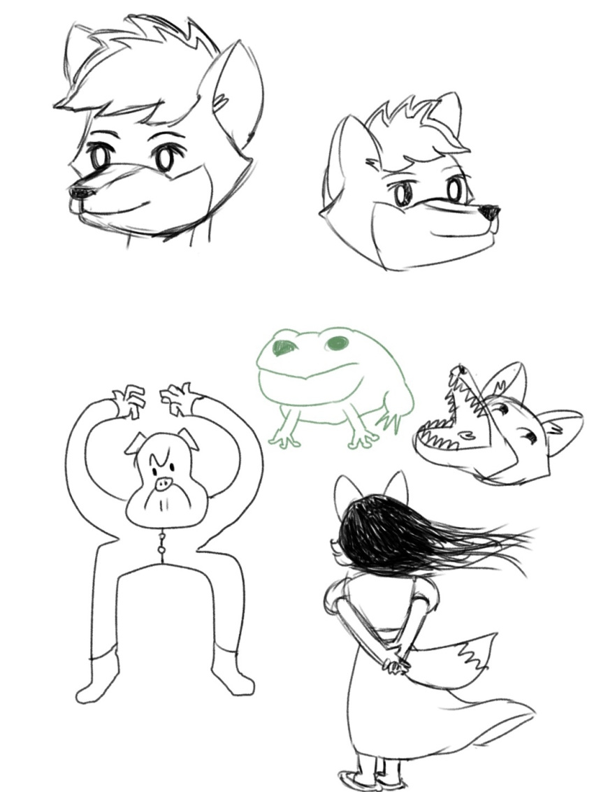 amphibian anthro button_(fastener) canid canine canis chipepper_(artist) clothed clothing domestic_pig female footwear fox frog group hair hi_res humanoid male mammal pajamas raised_tail shoes sketch suid suina sus_(pig) teeth wolf