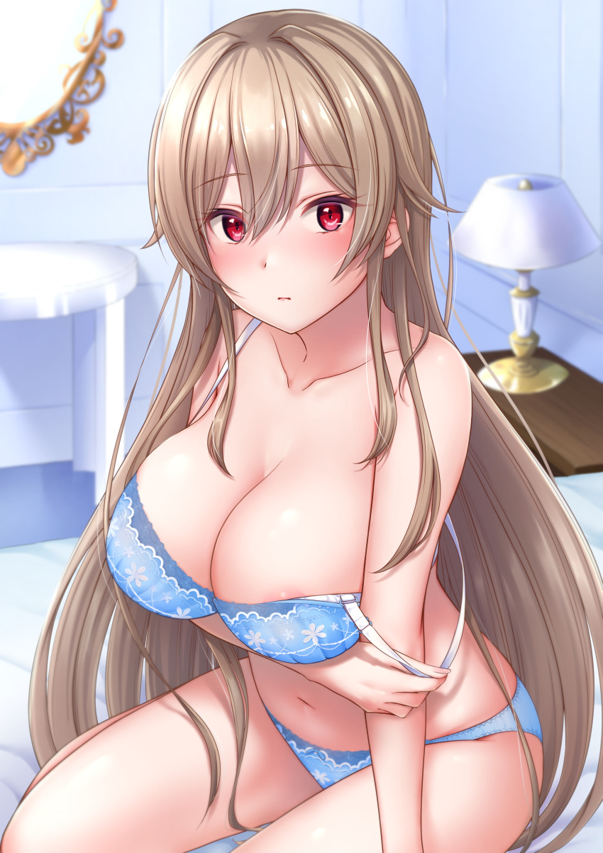 1girl :| absurdres ameato aqua_bra aqua_panties areola_slip areolae bangs bed_sheet blush bow bow_panties bra breasts brown_hair cleavage closed_mouth collarbone eyebrows_visible_through_hair furen_e_lustario hair_between_eyes highres indoors lace-trimmed_bra lace-trimmed_panties lace_trim lamp large_breasts long_hair looking_at_viewer mirror navel nijisanji on_bed panties parted_lips pulled_by_self red_eyes sitting skindentation solo stomach table underwear very_long_hair virtual_youtuber wariza