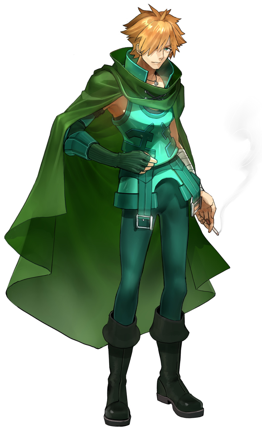 1boy armpits bandages bangs belt boots cape cigarette closed_mouth fate/extella fate/extella_link fate/extra fate_(series) full_body gloves green_cape green_eyes green_footwear green_gloves green_pants highres jewelry looking_at_viewer necklace official_art orange_hair pants robin_hood_(fate) smoke solo wada_arco