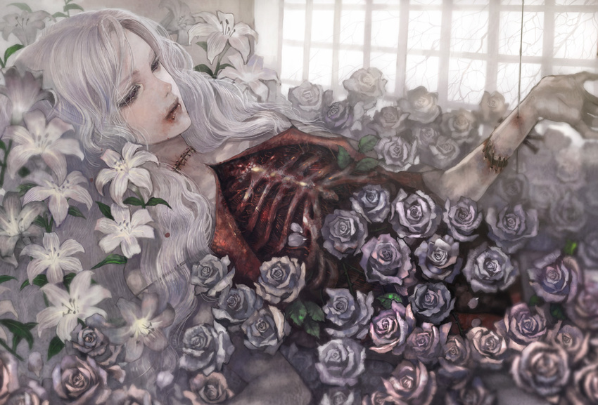 agasang blood death flower grey_hair guro hair_flower hair_ornament intestines long_hair mutilation original pale_skin ribs rose solo stitches white_flower white_hair white_rose