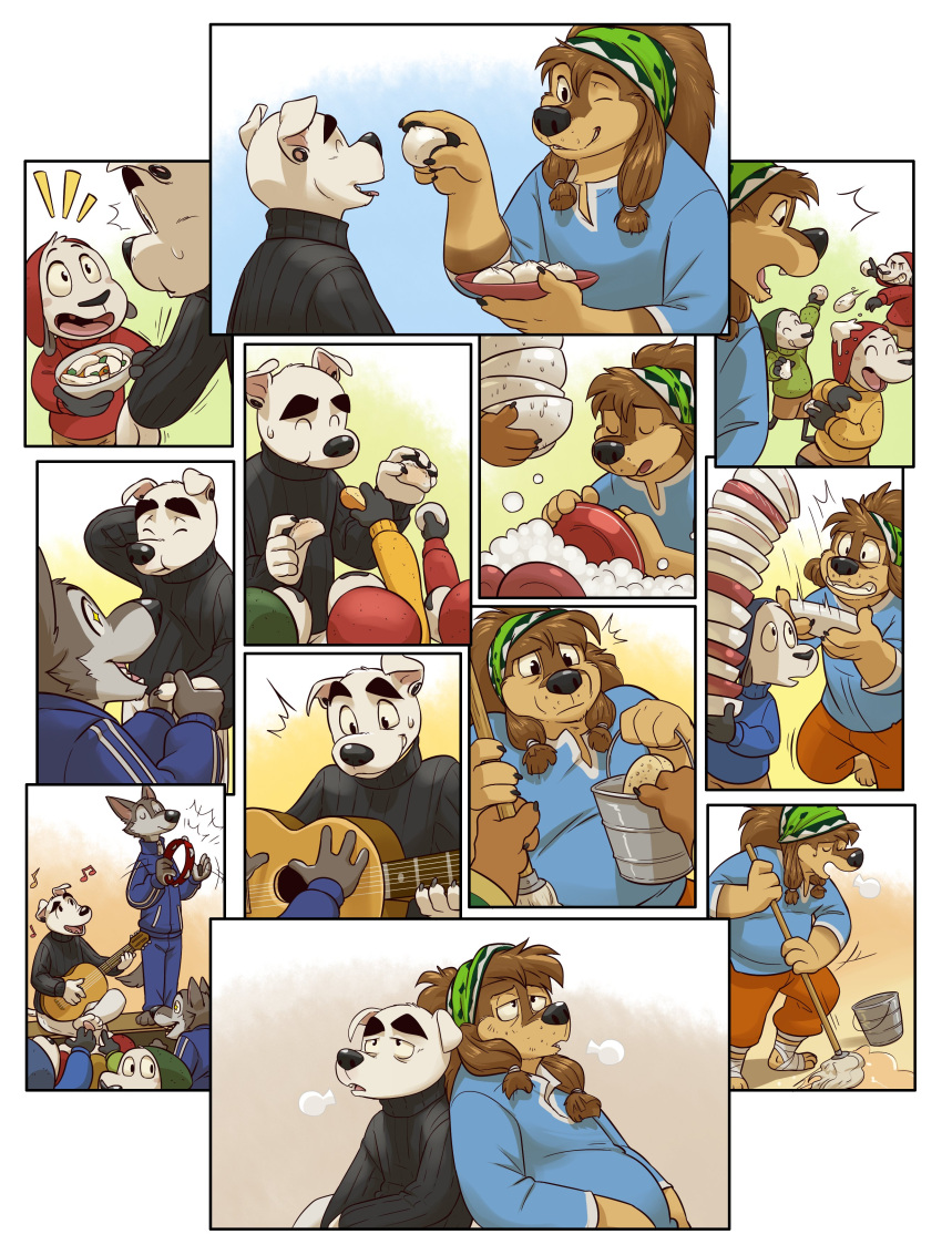 2021 absurd_res aged_up animal_crossing anthro back_to_back bandanna barefoot bernese_mountain_dog big_hair black_nose bodi_(rock_dog) bottomwear bovid bowl brown_body brown_fur bucket canid canine canis caprine chubby_anthro chubby_male cleaning_tool clothed clothing comic container countershading crossed_legs domestic_dog dumplings ear_piercing eating eclipsewolf eyebrows eyes_closed feet fingers floppy_ears food food_fight footwraps fur gauged_ear grey_body grey_fur group guitar hair hi_res hindpaw humanoid_hands inside k.k._slider kerchief looking_at_another lotus_pose male mammal molosser mop mopping mountain_dog musical_instrument nintendo one_eye_closed open_mouth open_smile pants paws percussion_instrument piercing plate playing_guitar playing_music plucked_string_instrument riff_(rock_dog) rock_dog sheep sherpa_hat shirt sitting size_difference skozz_(rock_dog) slightly_chubby smile standing string_instrument sweater swiss_mountain_dog tambourine teeth tied_hair tired topwear tracksuit video_games washing_dishes white_body white_fur wolf