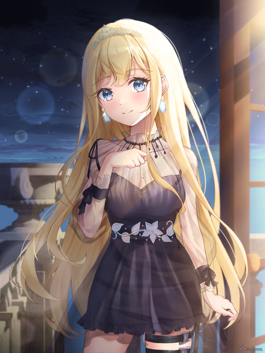 1girl absurdres alternate_hairstyle balcony black_dress blonde_hair blue_eyes breasts cleavage diamond_earrings dress earrings eyebrows_visible_through_hair eyes_visible_through_hair floral_print harukix highres hololive hololive_english jewelry large_breasts long_hair mole mole_on_breast night ocean princess see-through see-through_sleeves smile thigh_strap tiara very_long_hair virtual_youtuber watson_amelia