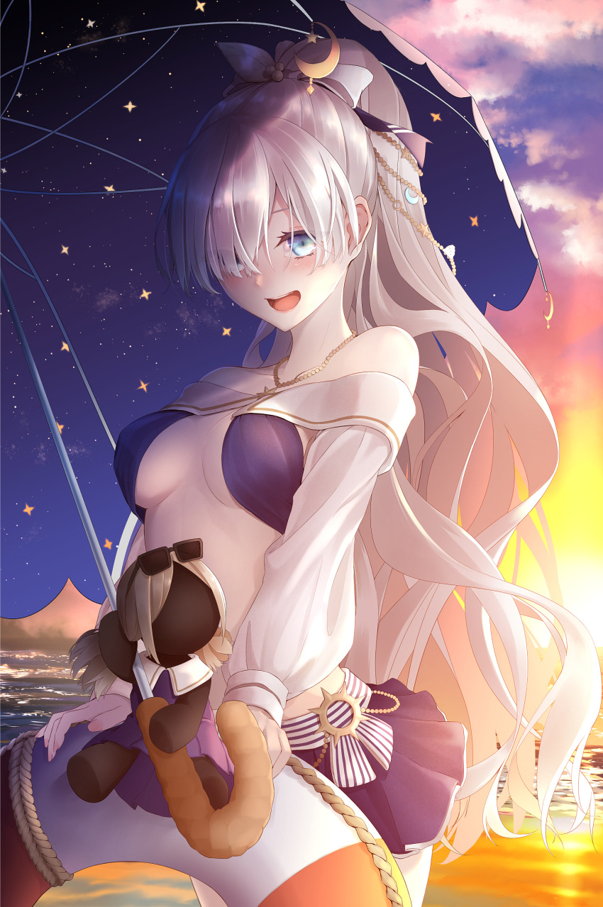 1girl anastasia_(fate) anastasia_(swimsuit_archer)_(fate) bangs bare_shoulders beach bikini bikini_skirt blue_dress blue_eyes blue_skirt blue_swimsuit blush breasts cleavage collarbone collared_dress commentary cowboy_shot doll dress fate/grand_order fate_(series) fingernails hair_ornament hair_over_one_eye hair_ribbon highres holding_lifebuoy jewelry large_breasts lifebuoy long_hair long_sleeves looking_at_another nail_polish open_mouth oriuo_q outdoors pink_nails ponytail ribbon silver_hair skirt sky smile solo strapless sunglasses sunlight swept_bangs swimsuit umbrella very_long_hair viy_(fate) water white_sleeves