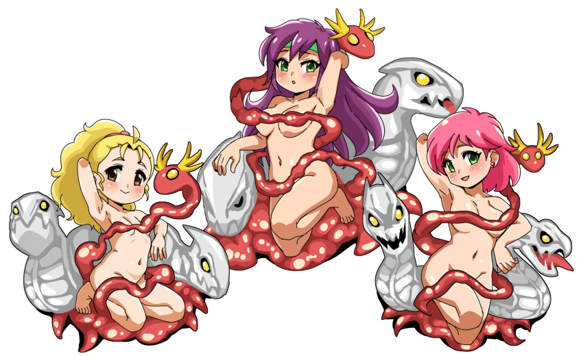 3girls armpits barefoot blonde_hair blush breasts closed_mouth earrings faris_scherwiz feet final_fantasy final_fantasy_v green_eyes highres hiru_made_ne-tarou jewelry krile_mayer_baldesion large_breasts lenna_charlotte_tycoon long_hair looking_at_viewer medium_breasts monsterification multiple_girls navel nude open_mouth pink_hair ponytail purple_hair short_hair siblings simple_background sisters small_breasts smile white_background