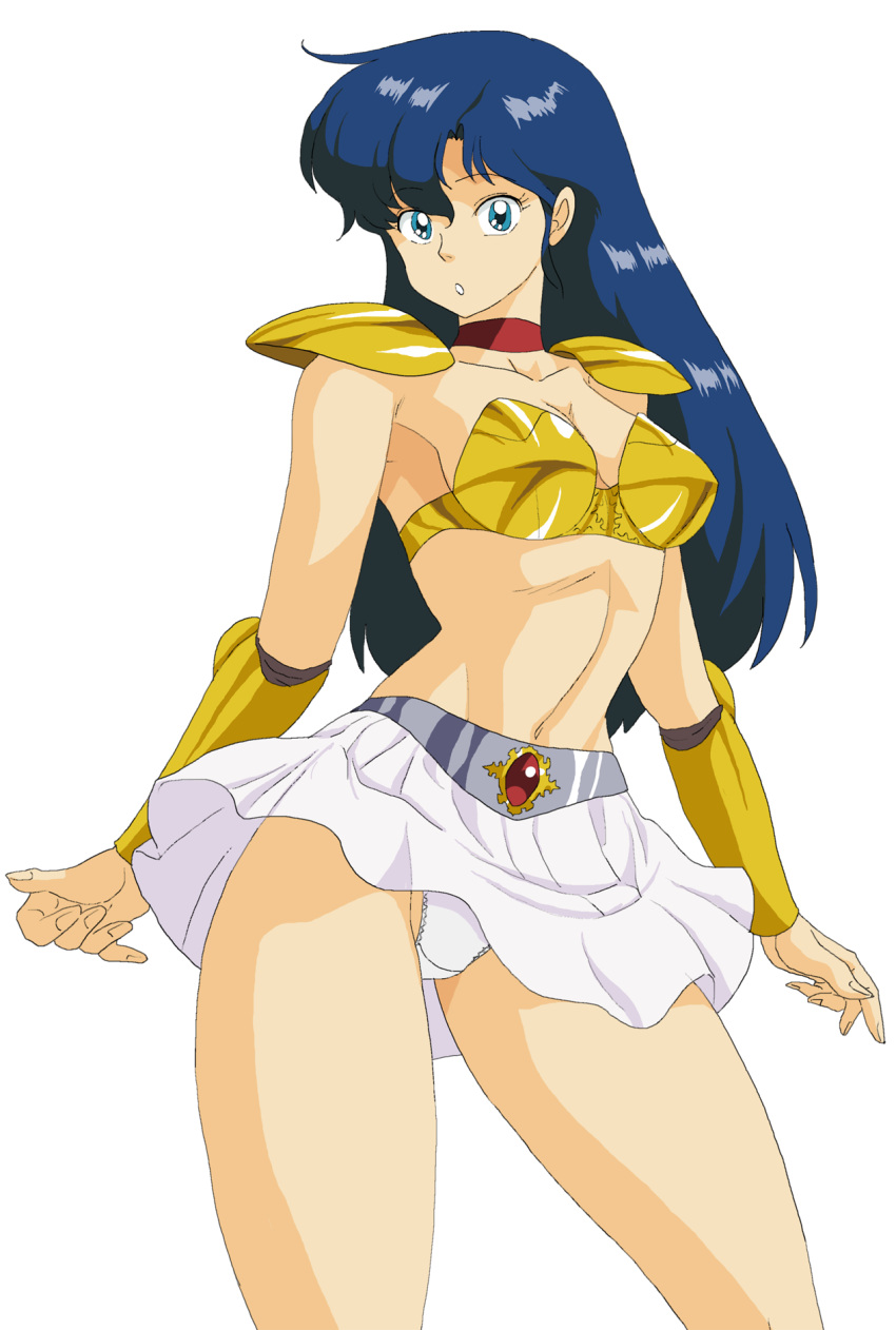 1980s_(style) 1girl armor asou_yuuko bangs bikini_armor blue_eyes blue_hair breasts cleavage collarbone commentary_request cowboy_shot eyelashes gold_armor highres long_hair medium_breasts midriff mugen_senshi_valis navel oggy open_mouth panties pantyshot red_ribbon retro_artstyle ribbon shoulder_pads skirt stomach sword transparent_background underwear valis vambraces weapon white_panties white_skirt