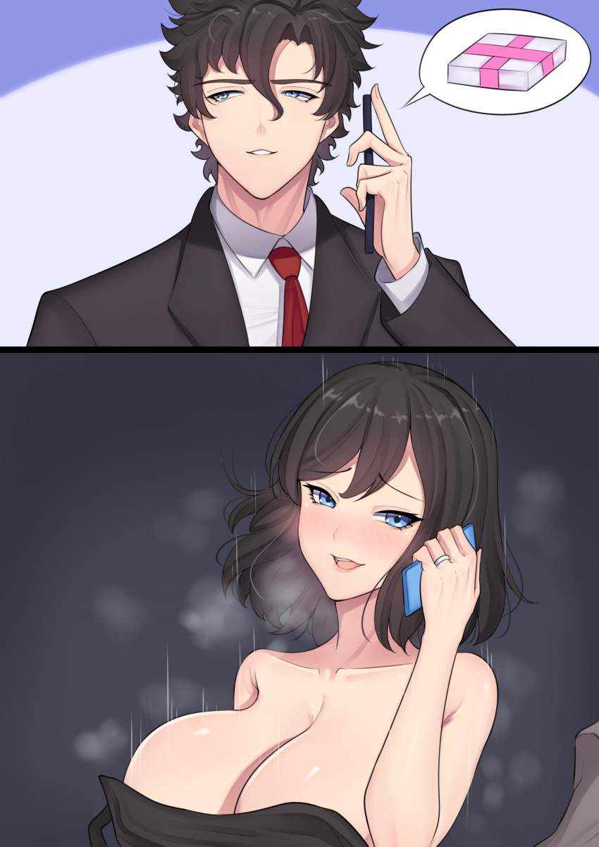 1girl 2boys absurdres band-width black_dress black_hair black_suit blue_eyes breasts cheating dress formal gift highres implied_sex jewelry large_breasts motion_lines multiple_boys necktie open_mouth original phone red_necktie ring speech_bubble suit wedding_band