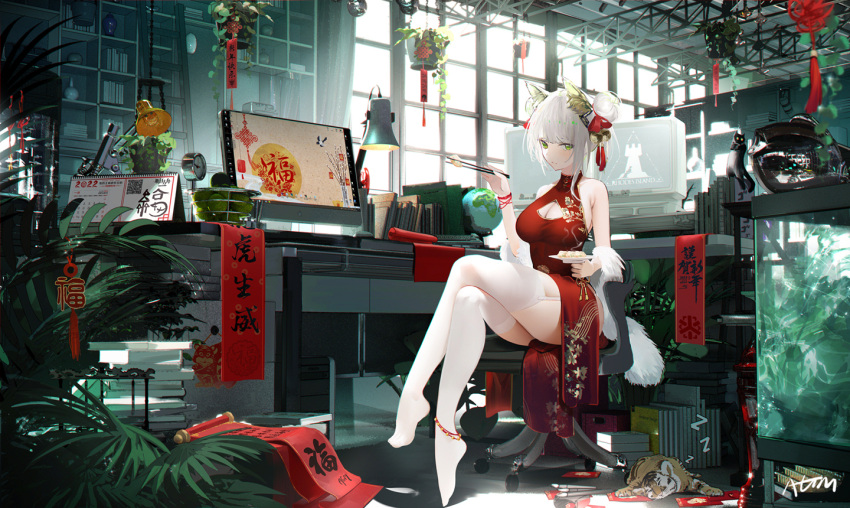 1girl alternate_hairstyle animal_ear_fluff animal_ears anklet aquarium arknights banner bare_shoulders basket bell blush book breasts cat cat_ears china_dress chinese_clothes chopsticks cleavage cleavage_cutout closed_mouth clothing_cutout crossed_legs desk desk_lamp double_bun dress food fruit full_body fur_shawl garter_straps globe green_eyes hair_bell hair_ornament hair_ribbon holding holding_chopsticks holding_plate indoors jewelry jingle_bell kal'tsit_(arknights) ladder lamp large_breasts looking_at_viewer monitor omone_hokoma_agm plant plate potted_plant red_dress red_ribbon ribbon shelf short_hair silver_hair sitting sleeveless sleeveless_dress smile solo thighhighs thighs translation_request white_legwear window wristband zzz