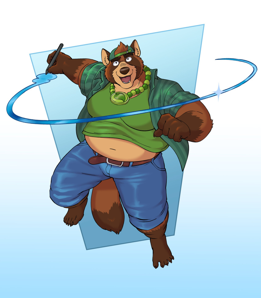 2021 absurd_res anthro belly bottomwear brown_body brown_fur bulge canid canine clothing fur hi_res humanoid_hands male mammal navel overweight overweight_male pants raccoon_dog shirt simple_background solo tanuki topwear vasuki