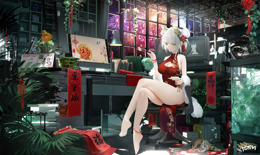 1girl alternate_hairstyle animal_ear_fluff animal_ears anklet aquarium arknights banner bare_legs bare_shoulders barefoot basket bell blush book breasts cat cat_ears china_dress chinese_clothes chopsticks cleavage cleavage_cutout closed_mouth clothing_cutout crossed_legs desk desk_lamp double_bun dress fireworks food fruit full_body fur_shawl globe green_eyes hair_bell hair_ornament hair_ribbon holding holding_chopsticks holding_plate indoors jewelry jingle_bell kal'tsit_(arknights) ladder lamp large_breasts looking_at_viewer monitor new_year night omone_hokoma_agm plant plate potted_plant red_dress red_ribbon ribbon shelf short_hair silver_hair sitting sleeveless sleeveless_dress smile solo thighs translation_request window wristband zzz