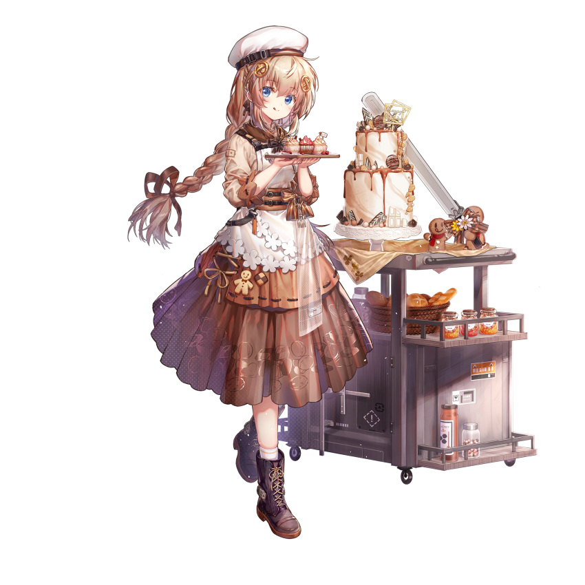 1girl :q apron baking_sheet basket birthday_cake blue_eyes blush boots bow braid braided_ponytail bread brown_dress brown_hair brown_ribbon cake cookie cupcake dress fnc_(girls'_frontline) food full_body game_cg gingerbread_man girls'_frontline girls'_frontline_neural_cloud hair_ornament hair_ribbon hat highres holding holding_tray holding_weapon jam jar licking_lips long_hair looking_at_viewer official_art oven_mitts ribbon serving_cart smile solo sword tongue tongue_out transparent_background tray weapon