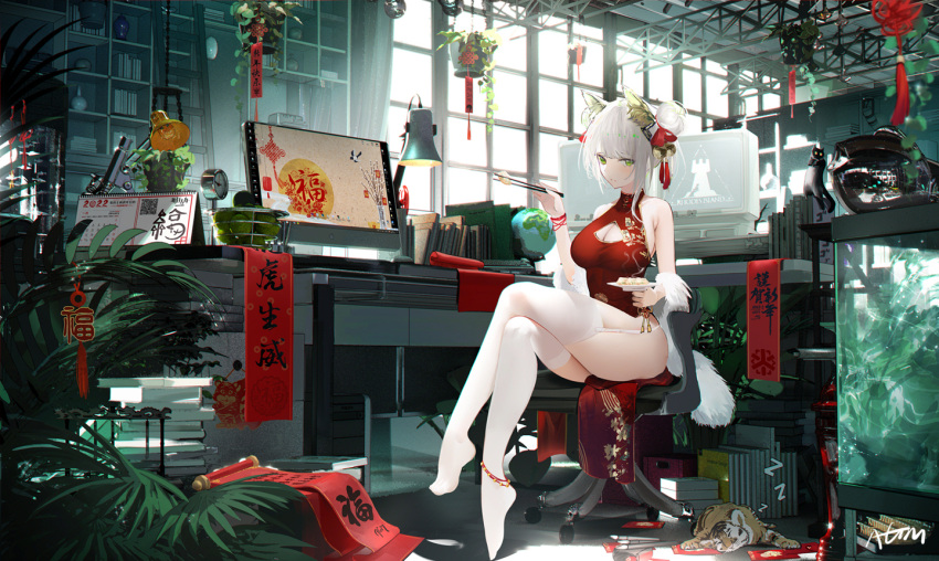 1girl alternate_hairstyle animal_ear_fluff animal_ears anklet aquarium arknights banner bare_shoulders basket bell blush book breasts cat cat_ears china_dress chinese_clothes chopsticks cleavage cleavage_cutout closed_mouth clothing_cutout crossed_legs desk desk_lamp double_bun dress food fruit full_body fur_shawl garter_straps globe green_eyes hair_bell hair_ornament hair_ribbon holding holding_chopsticks holding_plate indoors jewelry jingle_bell kal'tsit_(arknights) ladder lamp large_breasts looking_at_viewer monitor no_shoes omone_hokoma_agm plant plate potted_plant red_dress red_ribbon ribbon shelf short_hair silver_hair sitting sleeveless sleeveless_dress smile solo thighhighs thighs translation_request white_legwear window wristband zzz