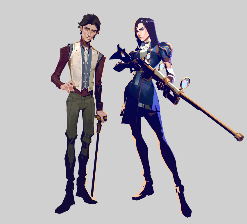 1boy 1girl arcane:_league_of_legends armor ascot bangs brown_gloves brown_hair brown_pants caitlyn_(league_of_legends) cane choker closed_mouth english_commentary gloves grey_background grey_vest gun hand_on_hip highres holding holding_gun holding_weapon juliet_sleeves league_of_legends long_hair long_sleeves looking_at_viewer pants puffy_sleeves red_shirt rifle shiny shiny_hair shirt shoes short_hair shoulder_armor simple_background snatti sniper_rifle standing vest viktor_(league_of_legends) weapon