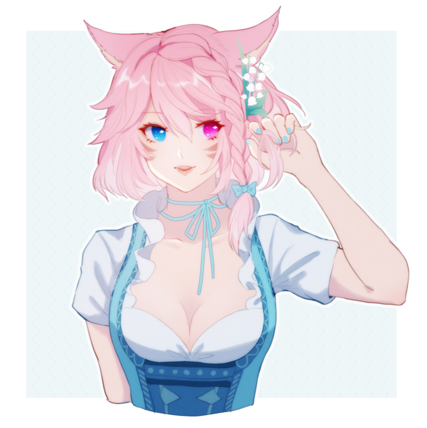 1girl animal_ears apron avatar_(ffxiv) blue_apron blue_eyes blue_nails blue_ribbon braid breasts cat_ears cleavage collarbone commentary eyebrows_visible_through_hair facial_mark final_fantasy final_fantasy_xiv flower hair_flower hair_ornament hand_in_hair hand_up heterochromia highres lips looking_at_viewer lyra-kotto medium_breasts medium_hair miqo'te neck_ribbon parted_lips pink_eyes pink_hair ribbon shirt short_sleeves side_braid single_braid solo upper_body whisker_markings white_flower white_shirt