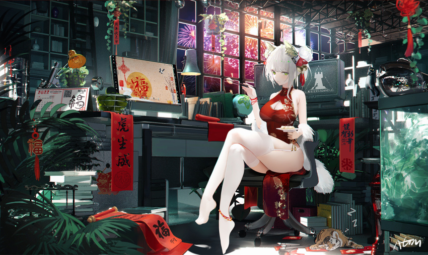 1girl alternate_hairstyle animal_ear_fluff animal_ears anklet aquarium arknights banner bare_shoulders basket bell blush book breasts cat cat_ears china_dress chinese_clothes chopsticks cleavage cleavage_cutout closed_mouth clothing_cutout crossed_legs desk desk_lamp double_bun dress fireworks food fruit full_body fur_shawl garter_straps globe green_eyes hair_bell hair_ornament hair_ribbon holding holding_chopsticks holding_plate indoors jewelry jingle_bell kal'tsit_(arknights) ladder lamp large_breasts looking_at_viewer monitor new_year no_shoes omone_hokoma_agm plant plate potted_plant red_dress red_ribbon ribbon shelf short_hair silver_hair sitting sleeveless sleeveless_dress smile solo thighhighs thighs translation_request white_legwear window wristband zzz