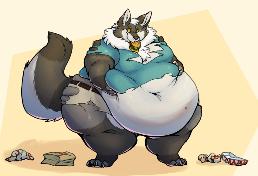 anthro belly belly_fondling belly_grab belly_overhang big_belly black_body black_fur burger canid canine canis catarsi claws clothed clothing coyote eating food food_in_mouth fur grey_body grey_fur hand_on_stomach hi_res holding_belly male mammal moobs navel obese obese_anthro obese_male overweight overweight_anthro overweight_male ring_(jewelry) smile solo standing thick_thighs toe_claws torn_clothing white_body white_fur wide_hips