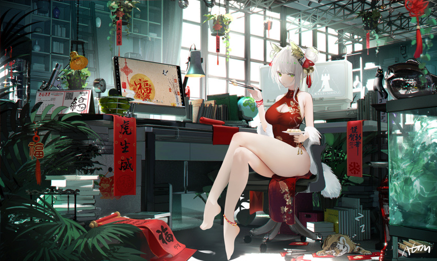 1girl alternate_hairstyle animal_ear_fluff animal_ears anklet aquarium arknights banner bare_legs bare_shoulders barefoot basket bell blush book breasts cat cat_ears china_dress chinese_clothes chopsticks cleavage cleavage_cutout closed_mouth clothing_cutout crossed_legs desk desk_lamp double_bun dress food fruit full_body fur_shawl globe green_eyes hair_bell hair_ornament hair_ribbon holding holding_chopsticks holding_plate indoors jewelry jingle_bell kal'tsit_(arknights) ladder lamp large_breasts looking_at_viewer monitor omone_hokoma_agm plant plate potted_plant red_dress red_ribbon ribbon shelf short_hair silver_hair sitting sleeveless sleeveless_dress smile solo thighs translation_request window wristband zzz