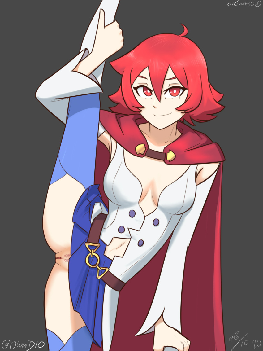 1girl belt blue_legwear breasts breasts_apart brown_belt cape clothing_cutout detached_sleeves diooksan female_pubic_hair grey_background hair_between_eyes highres little_witch_academia looking_at_viewer medium_breasts navel_cutout no_panties pubic_hair pussy red_cape red_eyes red_hair shiny_chariot short_hair signature smile solo split standing standing_on_one_leg standing_split twitter_username