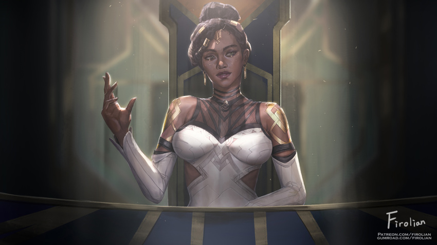 1girl arcane:_league_of_legends artist_name bangs black_hair blurry blurry_background brown_eyes dark-skinned_female dark_skin detached_sleeves dress firolian hair_bun hair_ornament highres league_of_legends mel_medarda red_lips short_hair sitting sleeveless sleeveless_dress smile solo upper_body web_address white_dress white_sleeves