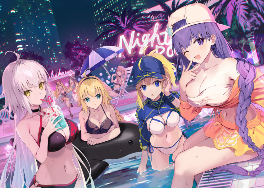 6+girls ahoge artoria_pendragon_(fate) baseball_cap bb_(fate) bb_(swimsuit_mooncancer)_(fate) bikini braid breasts building chair cup disposable_cup drinking_straw fate/grand_order fate_(series) hairband hat highres horns ibaraki_douji_(fate) ibaraki_douji_(swimsuit_lancer)_(fate) inflatable_orca inflatable_toy jeanne_d'arc_(alter_swimsuit_berserker)_(fate) jeanne_d'arc_(fate) jeanne_d'arc_(swimsuit_archer)_(fate) large_breasts long_hair lounge_chair medb_(fate) medb_(swimsuit_saber)_(fate) mocha_(mokaapolka) multiple_girls mysterious_heroine_xx_(fate) neon_lights night one_eye_closed palm_tree parasol ponytail pool revision skyscraper smile swimsuit tree umbrella ushiwakamaru_(fate) ushiwakamaru_(swimsuit_assassin)_(fate) wet