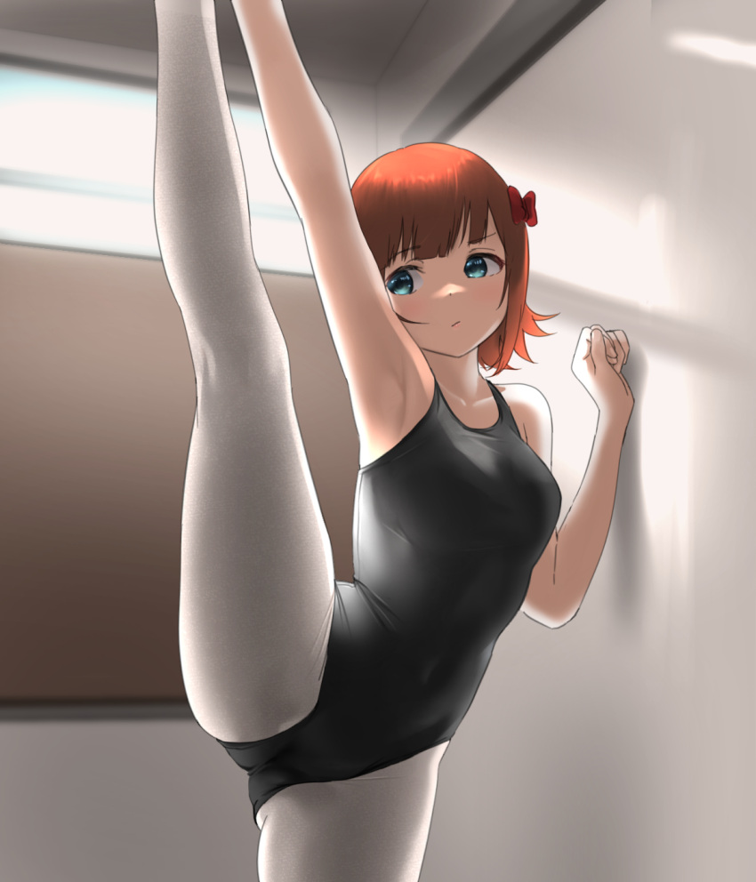 1girl against_wall amami_haruka ass_visible_through_thighs athletic_leotard bangs bare_arms bare_shoulders black_leotard blue_eyes blush bow closed_mouth collarbone commentary_request eyebrows_visible_through_hair gymnastics hair_bow highleg highleg_leotard highres idolmaster indoors leg_up leotard looking_to_the_side short_hair solo split spread_legs standing standing_on_one_leg standing_split tama_(seiga46239239)