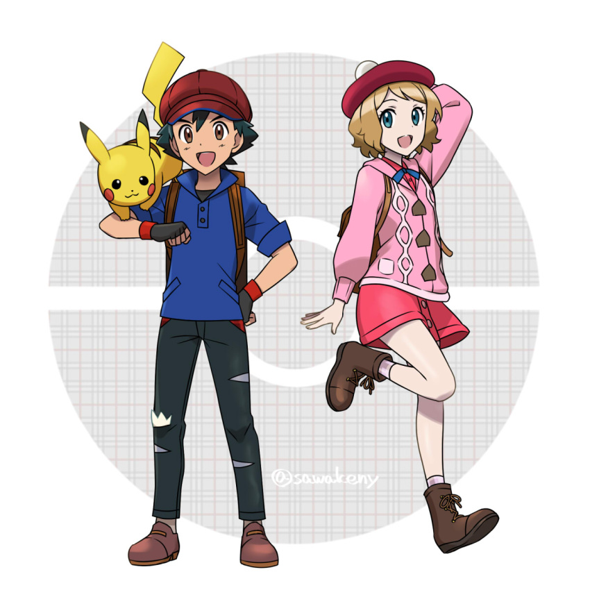 1boy 1girl arm_up ash_ketchum black_gloves black_hair black_pants blue_eyes blue_neckwear blue_ribbon blue_shirt boots brown_eyes brown_footwear brown_hair cardigan commentary_request cosplay dress dress_shirt fingerless_gloves full_body gloria_(pokemon) gloria_(pokemon)_(cosplay) gloves hand_on_hip highres jacket kanimaru looking_at_viewer miniskirt neck_ribbon on_shoulder pants pikachu pink_cardigan pink_dress poke_ball_symbol pokemon pokemon_(anime) pokemon_(creature) pokemon_(game) pokemon_on_shoulder pokemon_swsh pokemon_xy_(anime) red_headwear ribbon serena_(pokemon) shiny shiny_hair shirt short_hair skirt sleeves_rolled_up torn_clothes torn_pants twitter_username victor_(pokemon) victor_(pokemon)_(cosplay) white_background