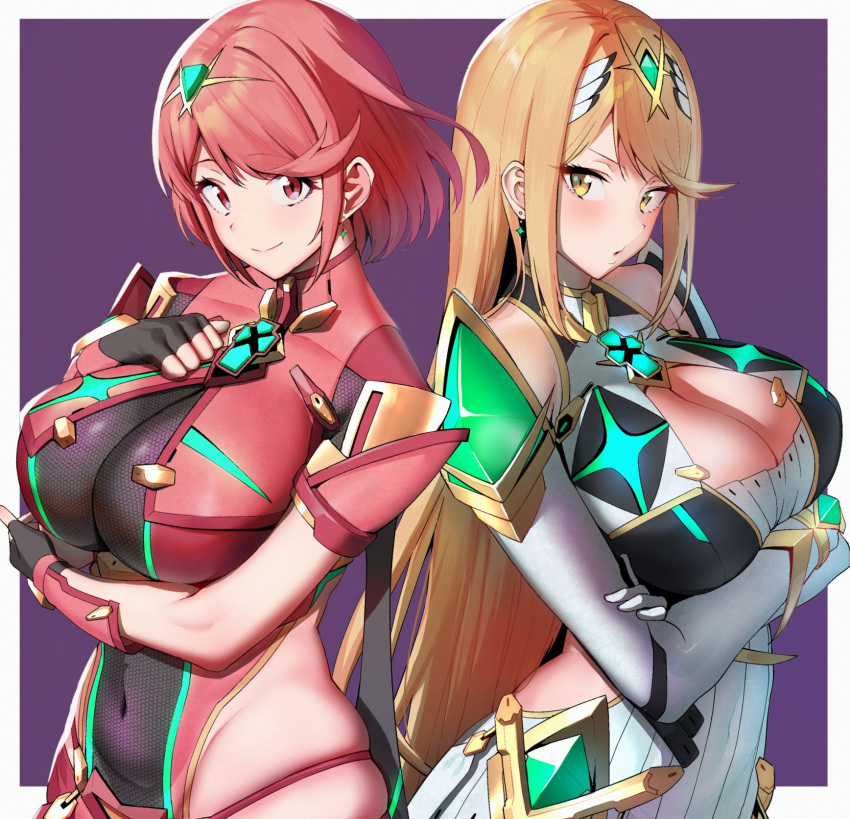 2girls amano_don arm_under_breasts armor back-to-back black_gloves blonde_hair bodysuit breasts cleavage cleavage_cutout clothing_cutout earrings fingerless_gloves gloves hair_ornament halterneck highres jewelry large_breasts long_sleeves looking_at_viewer multiple_girls mythra_(xenoblade) navel pyra_(xenoblade) red_eyes red_hair short_sleeves shoulder_armor side_cutout skin_tight skindentation standing thick_thighs thighs xenoblade_chronicles_(series) xenoblade_chronicles_2 yellow_eyes