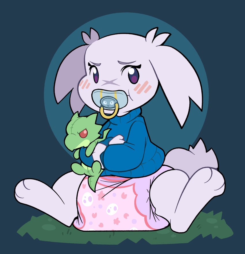 anthro blush cave_story clothing crossed_arms cuddlehooves diaper female grass hi_res lagomorph looking_at_viewer mammal mimiga pacifier paws plant plushie sitting solo spread_legs spreading sue_sakamoto sweater topwear video_games