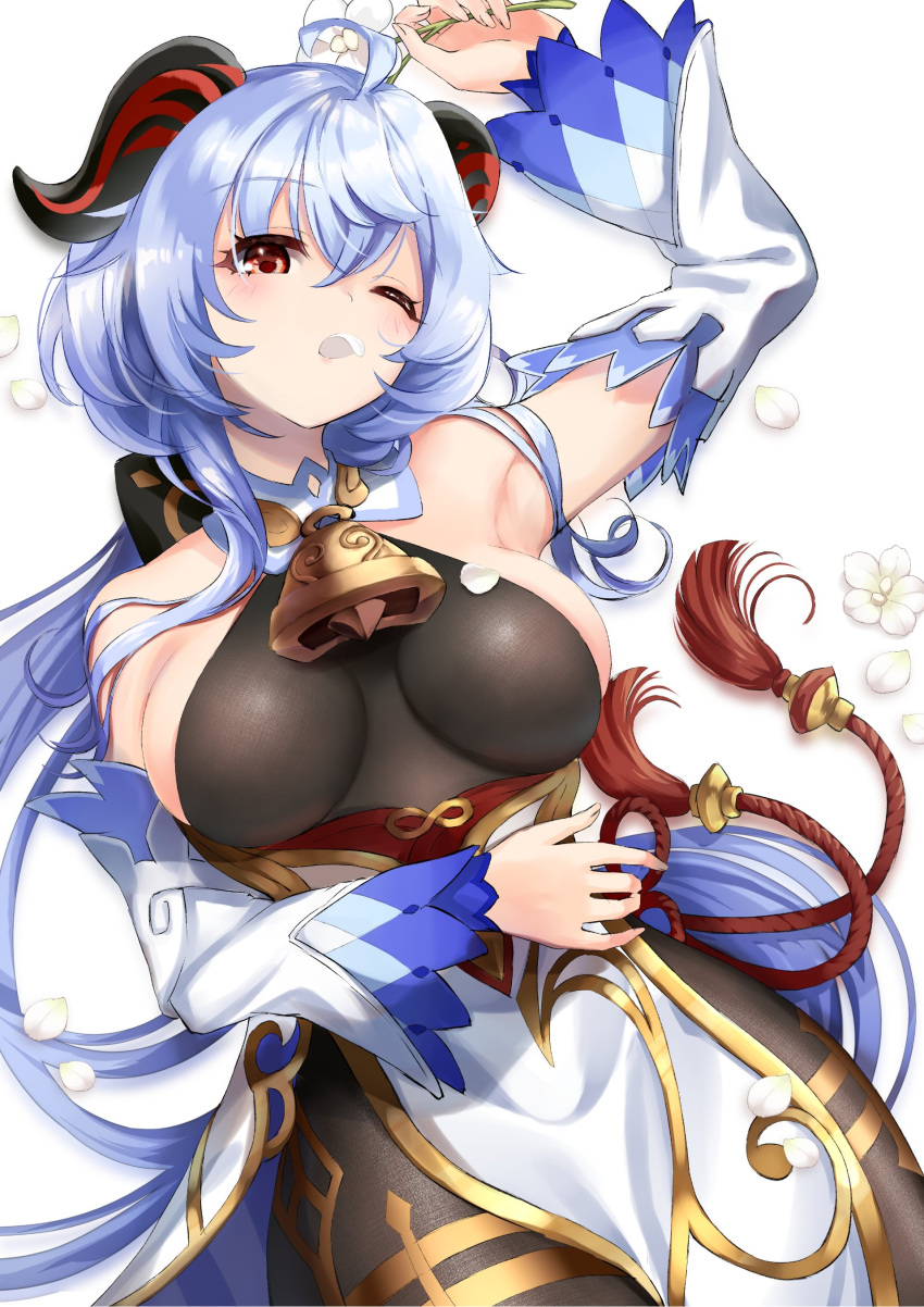 absurdres ahoge armpits bangs bare_shoulders bell black_gloves black_legwear blue_hair blush bow bowtie breasts chinese_knot curled_horns detached_sleeves eyebrows_visible_through_hair flower flower_knot ganyu_(genshin_impact) genshin_impact gloves gold_trim highres holding holding_flower horns long_hair looking_at_viewer low_ponytail lying medium_breasts neck_bell on_back petals qingxin_flower red_eyes sazanka sideboob sidelocks solo tassel thighlet very_long_hair white_background white_flower white_sleeves wide_sleeves