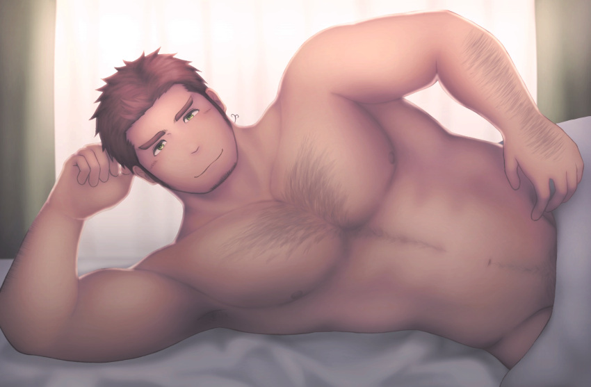 1boy :3 abs alternate_pectoral_size arm_hair axis_powers_hetalia bara beard bed_sheet blush brown_hair chest_hair curtains facial_hair hairy highres large_pectorals looking_at_viewer lying male_focus mature_male mono_(3436234) muscular muscular_male naked_sheet navel nipples nude on_bed on_side pectorals short_hair sideburns smile solo stomach thick_eyebrows turkey_(hetalia)
