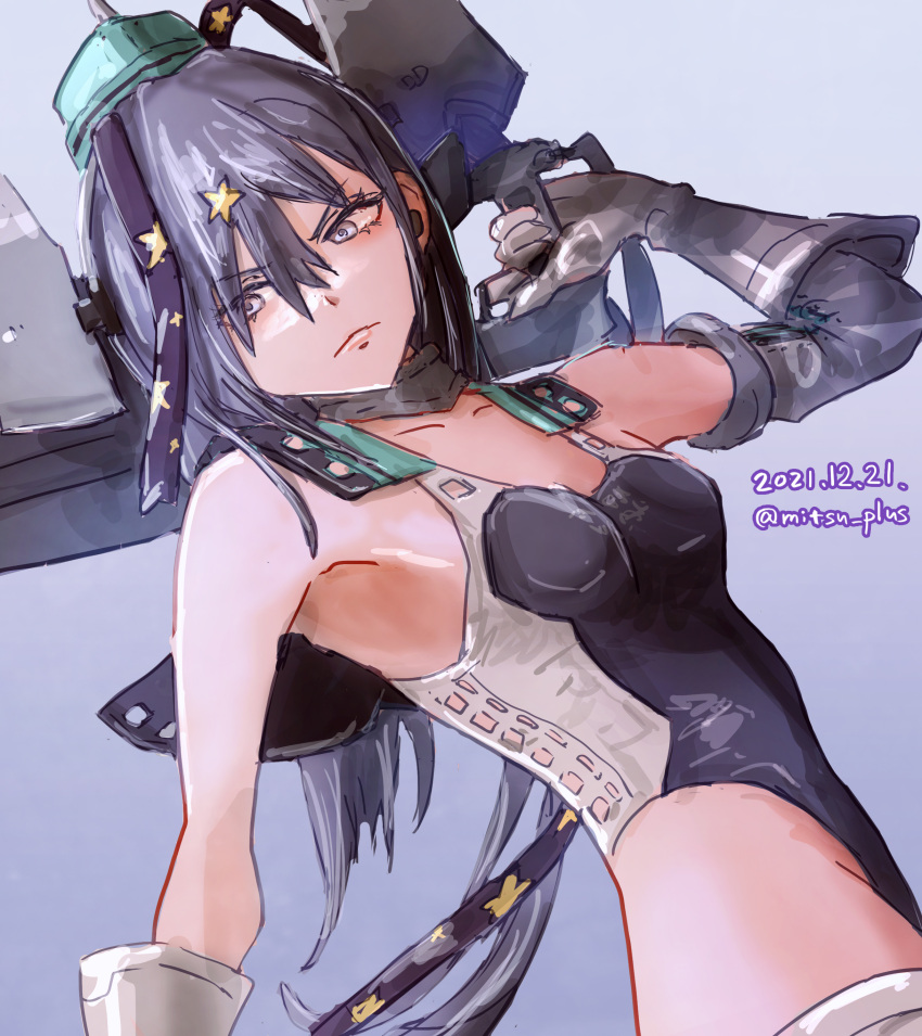 absurdres aqua_headwear black_ribbon black_swimsuit blue_background closed_mouth commentary_request competition_swimsuit garrison_cap gloves grey_eyes grey_hair hair_ornament hair_ribbon hat headgear highleg highleg_swimsuit highres holding kantai_collection long_hair mitsu_plus one-piece_swimsuit ribbon rigging scamp_(kancolle) side_ponytail star_(symbol) star_hair_ornament swimsuit white_gloves