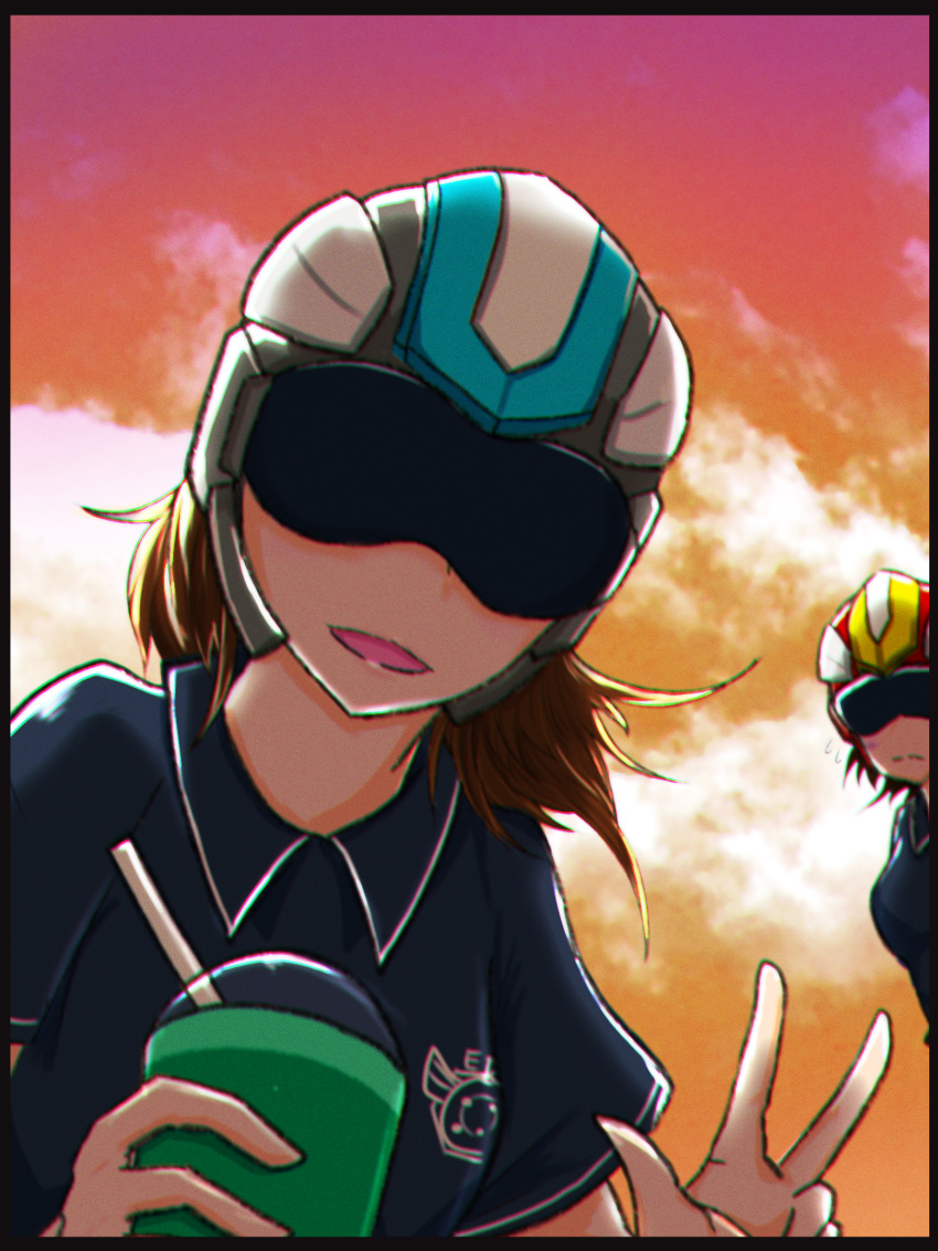 2girls black_border border brown_hair cup drinking_glass earth_defence_force_5 earth_defense_force goggles helmet highres holding medium_hair multiple_girls outdoors polo_shirt sirobasira w wing_diver