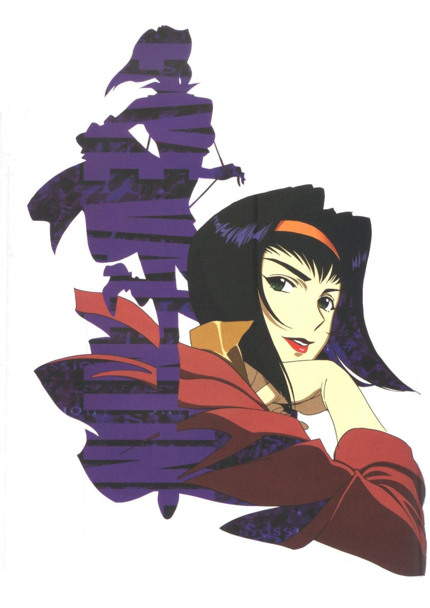 cowboy_bebop faye_valentine green_eyes hairband highres kawamoto_toshihiro lipstick makeup nose official_art purple_hair silhouette suspenders