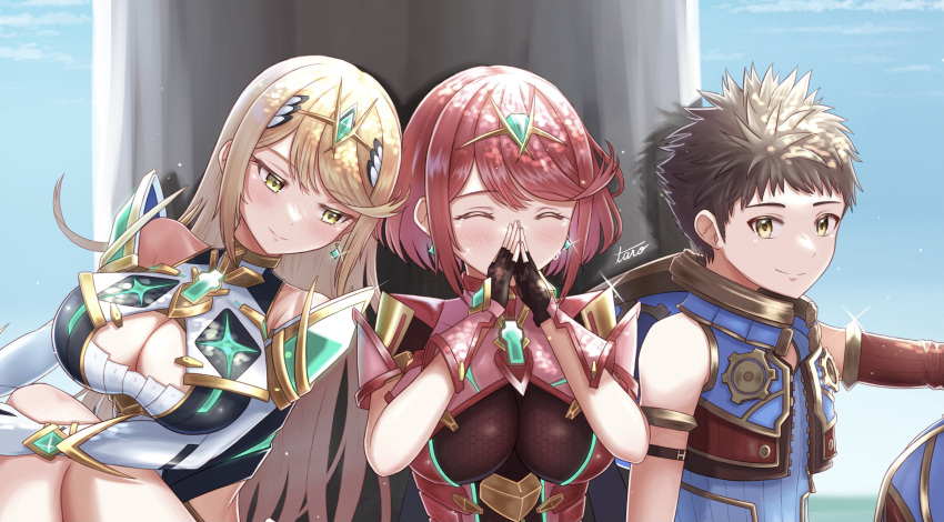 1boy 2girls anniversary bangs bare_legs bare_shoulders black_gloves blonde_hair blush breasts brown_hair chest_jewel cleavage cleavage_cutout closed_eyes closed_mouth clothing_cutout day dress earrings elbow_gloves eyeshadow fingerless_gloves full_body gloves highres jewelry large_breasts long_hair makeup multiple_girls mythra_(xenoblade) outdoors panties pantyshot pyra_(xenoblade) red_footwear red_hair red_legwear red_shorts rex_(xenoblade) short_dress short_hair short_shorts shorts sitting smile swept_bangs taro_(peach_taro51) thigh_strap thighhighs tiara tree under_tree underwear wariza white_dress white_footwear white_gloves white_panties xenoblade_chronicles_(series) xenoblade_chronicles_2 yellow_eyeshadow