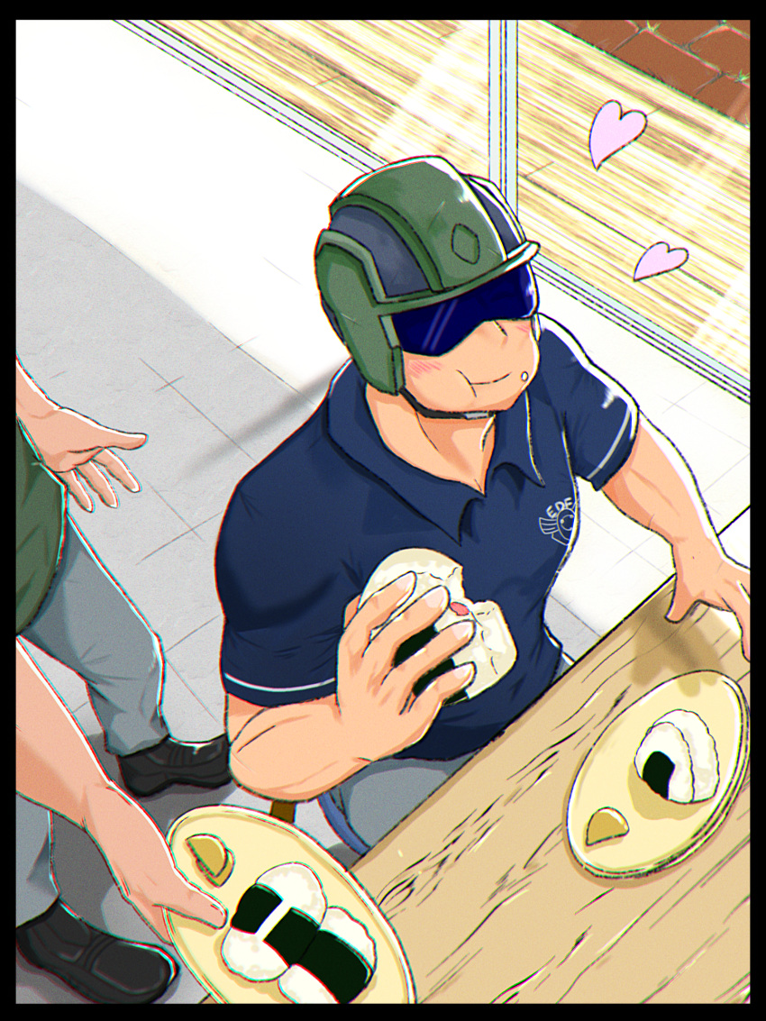 2boys :t black_border border earth_defence_force_5 earth_defense_force eating food goggles heart helmet highres holding holding_food indoors male_focus multiple_boys muscular muscular_male onigiri polo_shirt ranger_(edf) sirobasira