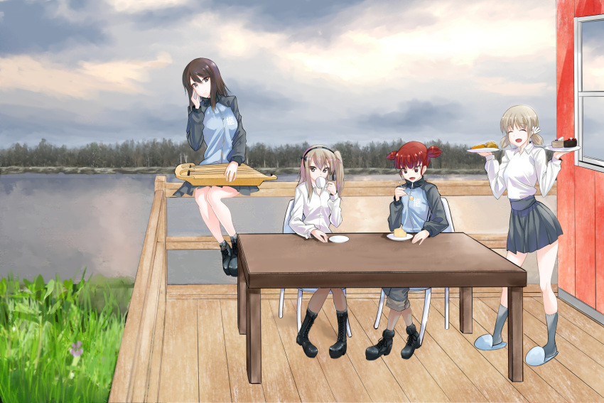 4girls aki_(girls_und_panzer) ankle_boots bangs black_ribbon blue_footwear blue_jacket blue_pants blue_skirt blunt_bangs boots brown_eyes brown_hair chair closed_eyes closed_mouth commentary_request crossed_ankles cup day dress_shirt drinking eating eno_(mauritz_stiller) food forest girls_und_panzer grass grey_legwear grey_sky hair_ribbon hair_tie head_tilt highres holding holding_cup holding_instrument holding_plate instrument jacket kantele keizoku_military_uniform lake light_brown_eyes light_brown_hair long_hair long_sleeves looking_at_viewer low_twintails mika_(girls_und_panzer) mikko_(girls_und_panzer) military military_uniform miniskirt multiple_girls nature no_hat no_headwear one_side_up open_mouth outdoors overcast pants pants_rolled_up pants_under_skirt partial_commentary plate pleated_skirt porch raglan_sleeves railing red_eyes red_hair ribbon saucer shimada_arisu shirt short_hair short_twintails sitting skirt slippers smile socks standing table teacup track_jacket track_pants twintails uniform white_shirt wing_collar